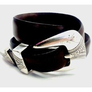 Olga Santini Skinny Belt Vtg Leather Brown Silver Buckle S M Women 25-30" Waist